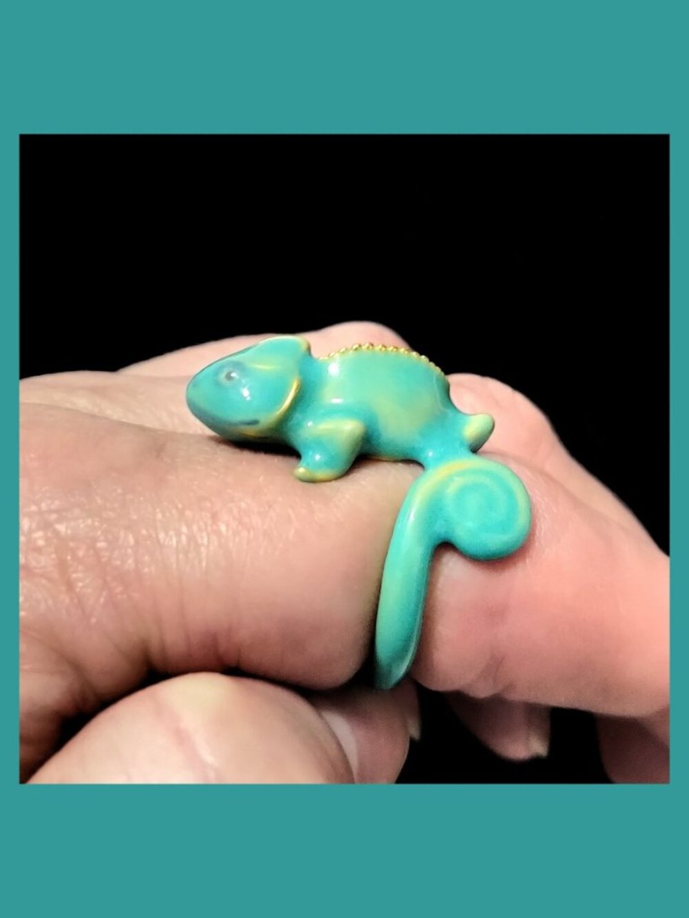 Chameleon Lizard Wraparound Fashion Ring - Blue/Green Enamel - Size 7.5